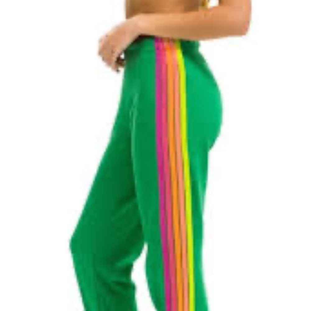 Aviator Nation size Small Kelly Green sweatpants with neon Multicolor Stripes